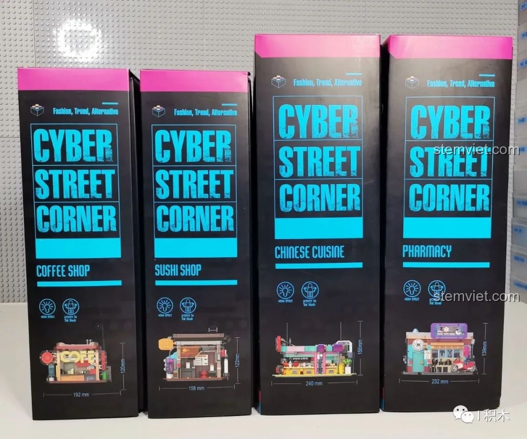 Bốn hộp đồ chơi lắp ráp BrickCool Cyber Street Corner gồm Quán Cà Phê, Sushi, Nhà Thuốc, Nhà Hàng Trung Quốc, mã KS001.