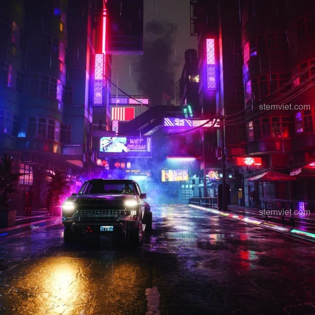 Hình ảnh minh họa góc phố Cyberpunk huyền ảo với ánh đèn neon rực rỡ, gợi cảm hứng cho bộ lắp ráp BrickCool KS001 Quán Cà Phê Cyberpunk.