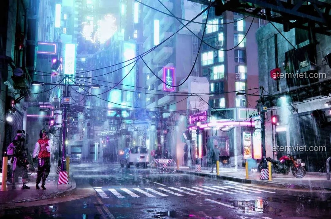 Con phố Cyberpunk với ánh sáng xanh hồng, thể hiện sự sống động và phức tạp của đô thị tương lai, cảm hứng cho đồ chơi lắp ráp BrickCool KS001.