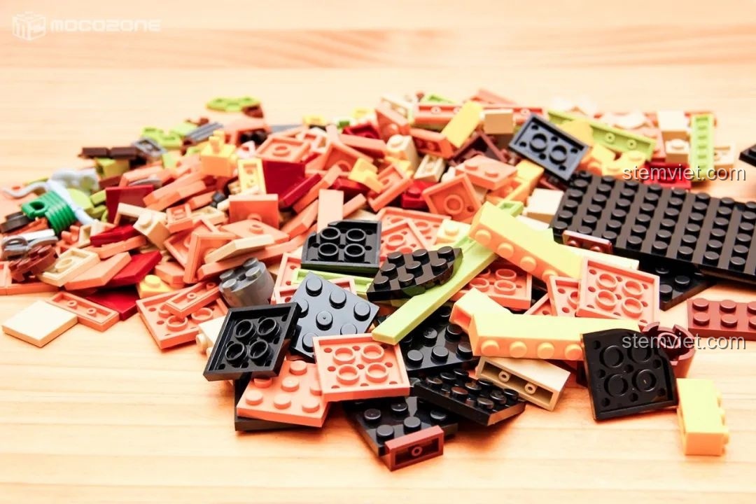 Đống mảnh ghép đủ màu sắc, sẵn sàng để lắp ráp thành các công trình Cyberpunk, minh họa cho đồ chơi lắp ráp BrickCool KS001.