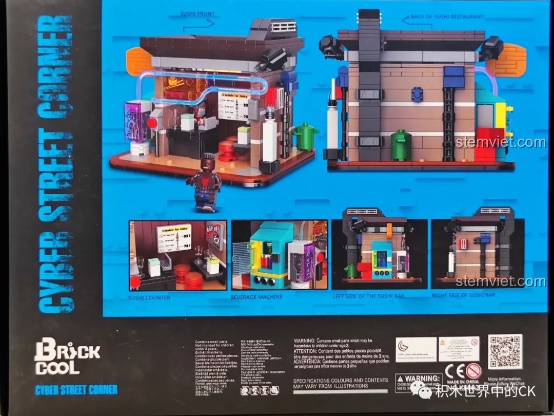 Mặt sau hộp đồ chơi lắp ráp BrickCool KS002 Cửa hàng Sushi Cyberpunk, hiển thị các góc nhìn chi tiết của mô hình.