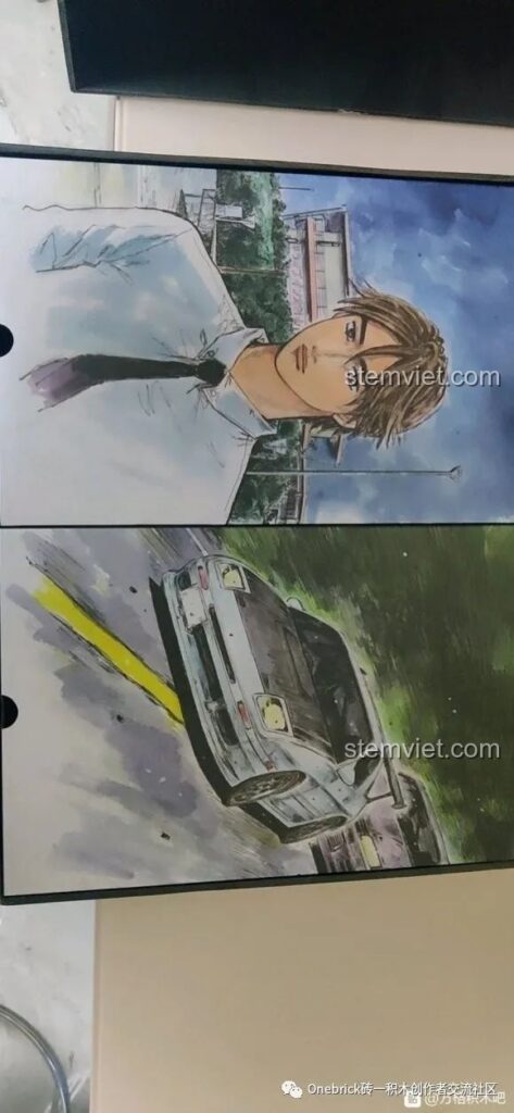 Hình ảnh minh họa bên trong hộp bộ lắp ráp CaDA C61022 Mazda RX-7 FC3S, tái hiện cảnh trong Initial D.