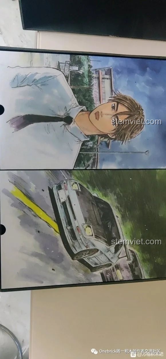 Hình ảnh minh họa bên trong hộp bộ lắp ráp CaDA C61022 Mazda RX-7 FC3S, tái hiện cảnh trong Initial D.