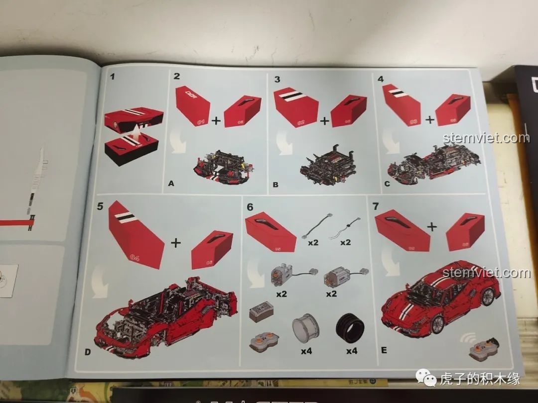 Sơ đồ phân loại các gói chi tiết theo từng bước lắp ráp của CaDA C61042 Ferrari 488.