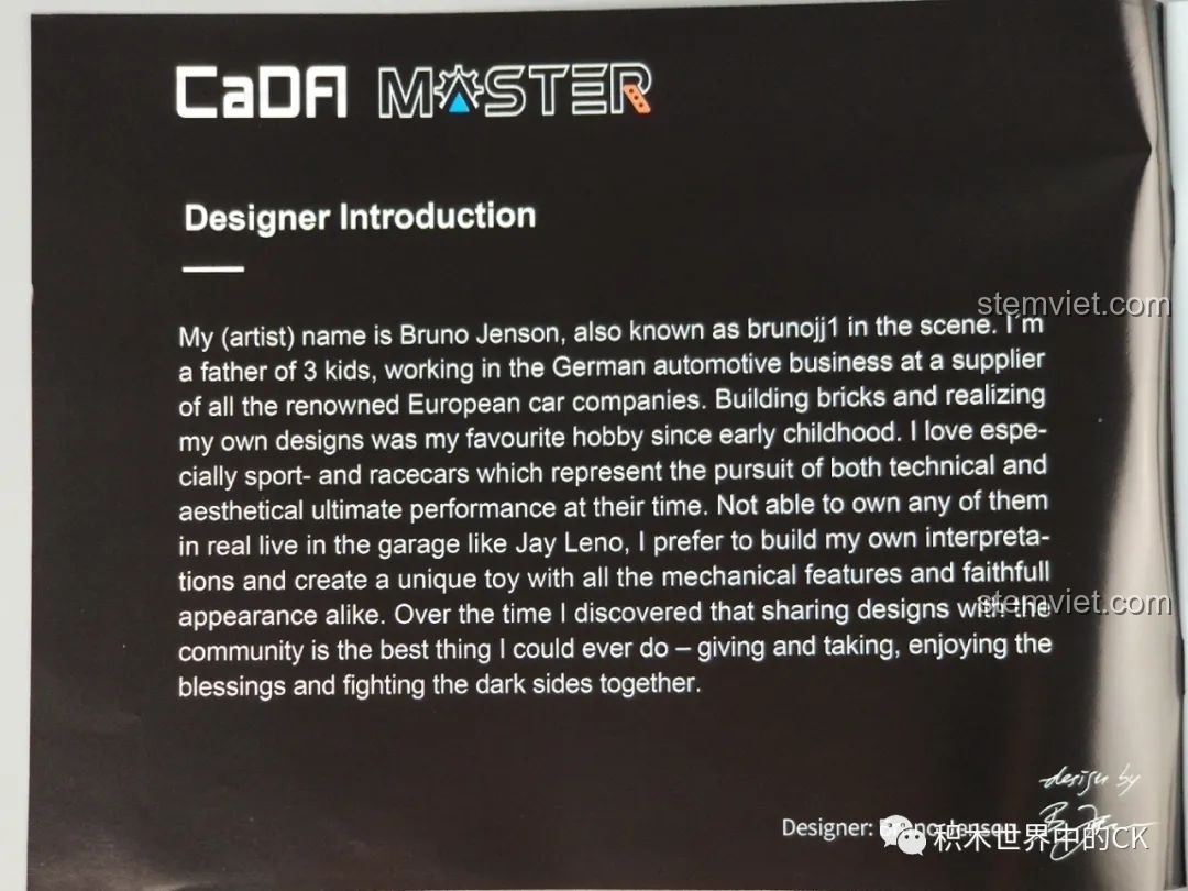 Trang giới thiệu nhà thiết kế Bruno Jenson trong sách hướng dẫn của bộ CaDA C61042 Ferrari 488.
