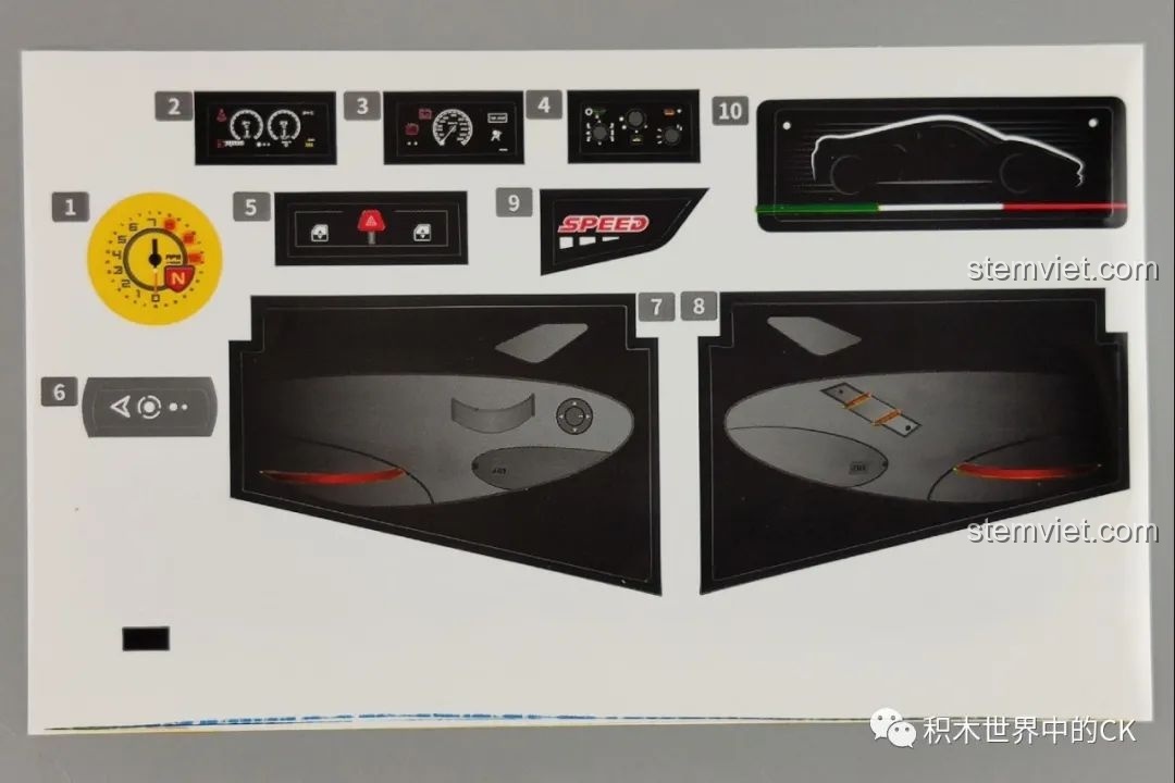 Tấm sticker với các chi tiết nội thất và bảng điều khiển cho mô hình CaDA C61042 Ferrari 488.