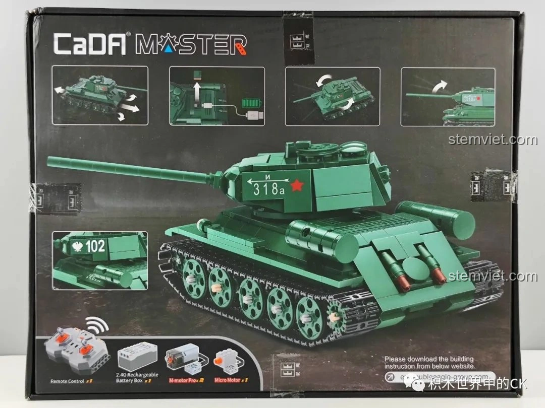 Mặt sau hộp đồ chơi CaDA C61072 Xe tăng hạng trung T-34 Liên Xô thời Thế chiến II, hiển thị các tính năng điều khiển từ xa và chi tiết mô hình.