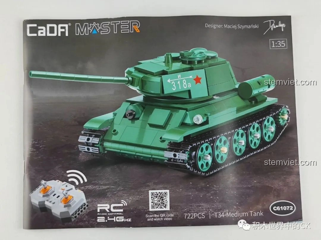 Sách hướng dẫn lắp ráp chi tiết của bộ đồ chơi CaDA C61072 Xe tăng hạng trung T-34, với hình ảnh mô hình hoàn chỉnh và thông tin sản phẩm.
