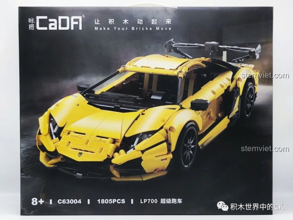 Hộp sản phẩm bộ lắp ráp CaDA C63004 Lamborghini Aventador LP700 màu vàng nổi bật, thiết kế sang trọng, thu hút mọi ánh nhìn.