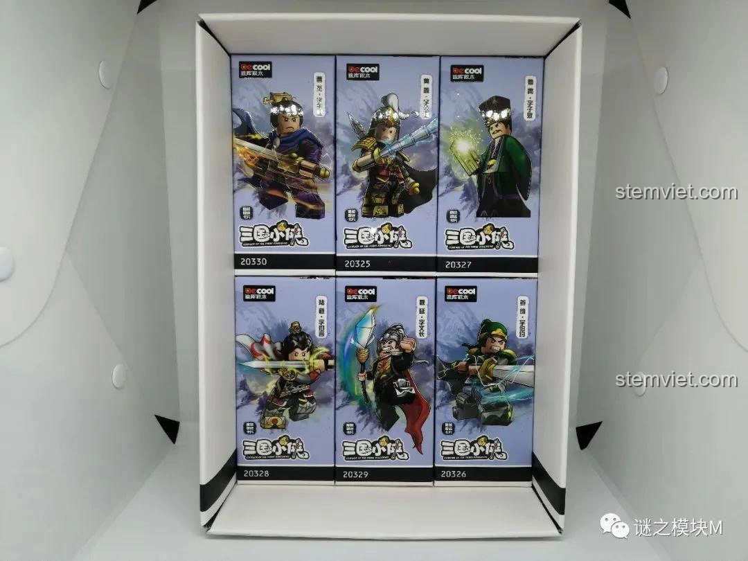 Hộp đồ chơi lắp ráp Minifigure Tam Quốc 6 Kiểu Nhân Vật DECOOL 20325, các hộp nhỏ được sắp xếp gọn gàng.