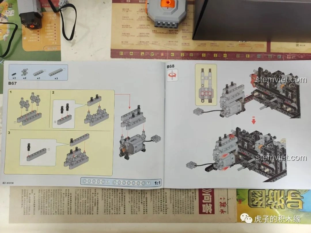 Trang 85 của sách hướng dẫn Double Eagle C61042 Ferrari 488, hướng dẫn cách lắp đặt chi tiết B68 một cách dễ dàng hơn.