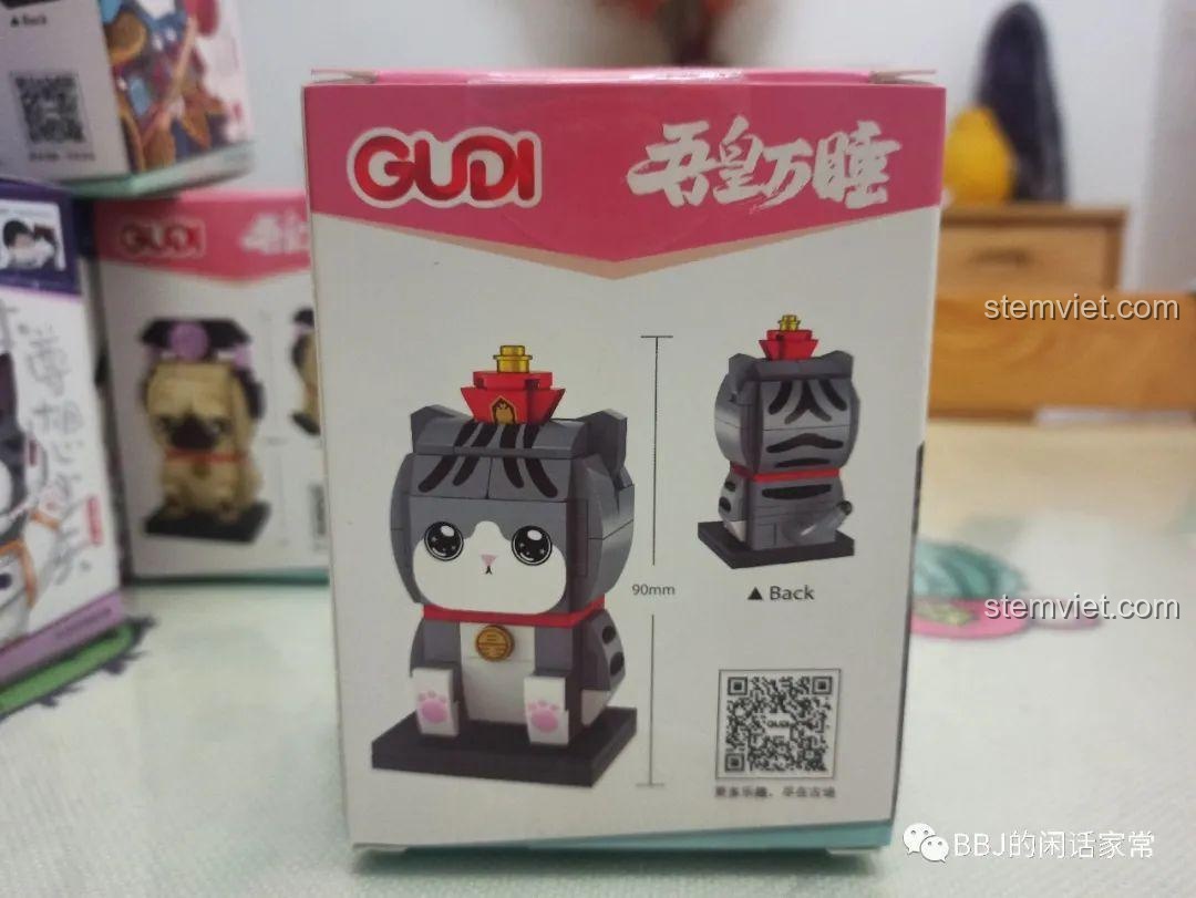 Mặt bên hộp GUDI 52051 Mô hình Mèo Wuhuang Mắt Mơ Màng hiển thị kích thước mô hình đã lắp ráp (90mm) và mã QR.