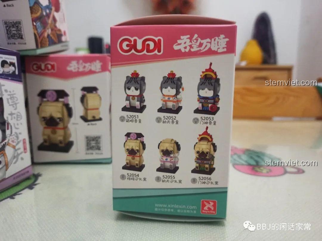 Mặt sau hộp GUDI 52051 Mô hình Mèo Wuhuang Mắt Mơ Màng hiển thị toàn bộ 6 mẫu BrickHeadz trong series