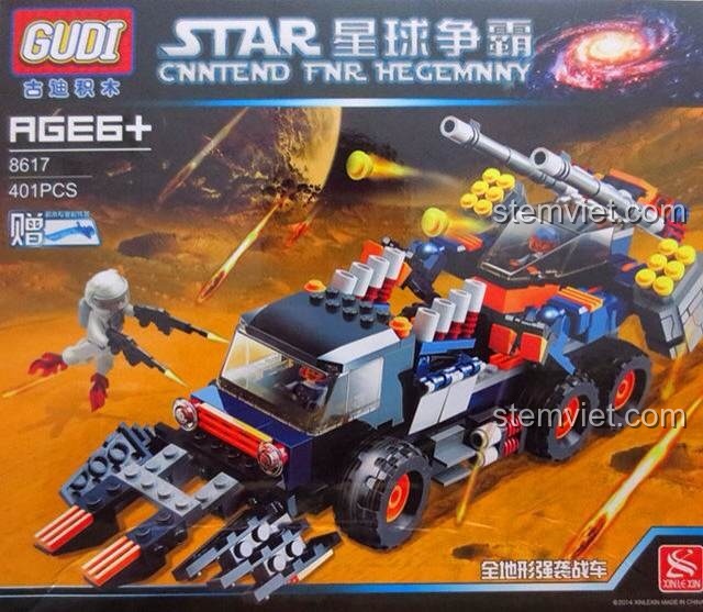 Hộp đồ chơi lắp ráp GUDI 8617 Chiến Cơ Tấn Công Địa Hình với hình ảnh xe và robot chiến đấu, phù hợp bé trai 6 tuổi.