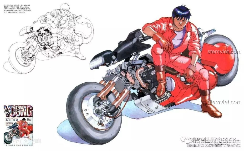 Bản vẽ chi tiết xe máy của Kaneda trong phim Akira, nguồn cảm hứng cho bộ đồ chơi lắp ghép Mô tô Cyberpunk XB03001.