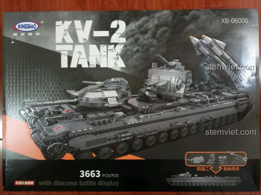 Mặt trước hộp bộ lắp ráp Xe tăng Liên Xô KV-2 XB 06006, hiển thị hình ảnh 2 mẫu lắp ráp và số lượng 3663 chi tiết.