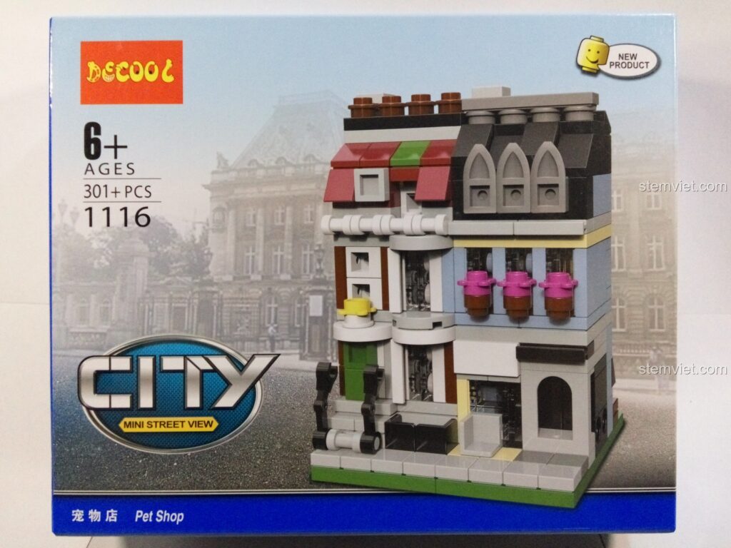 Hộp của bộ lắp ghép Cửa hàng Pet Shop mini DECOOL 1116, hiển thị mô hình hoàn chỉnh và thông tin 301 chi tiết.