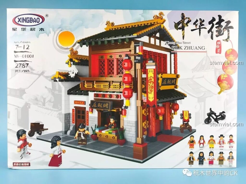 Hộp sản phẩm bộ lắp ghép Phố Tàu: Tiệm Vải Lụa XB-01001 với hình ảnh mô hình hoàn chỉnh và 10 minifigures đi kèm.