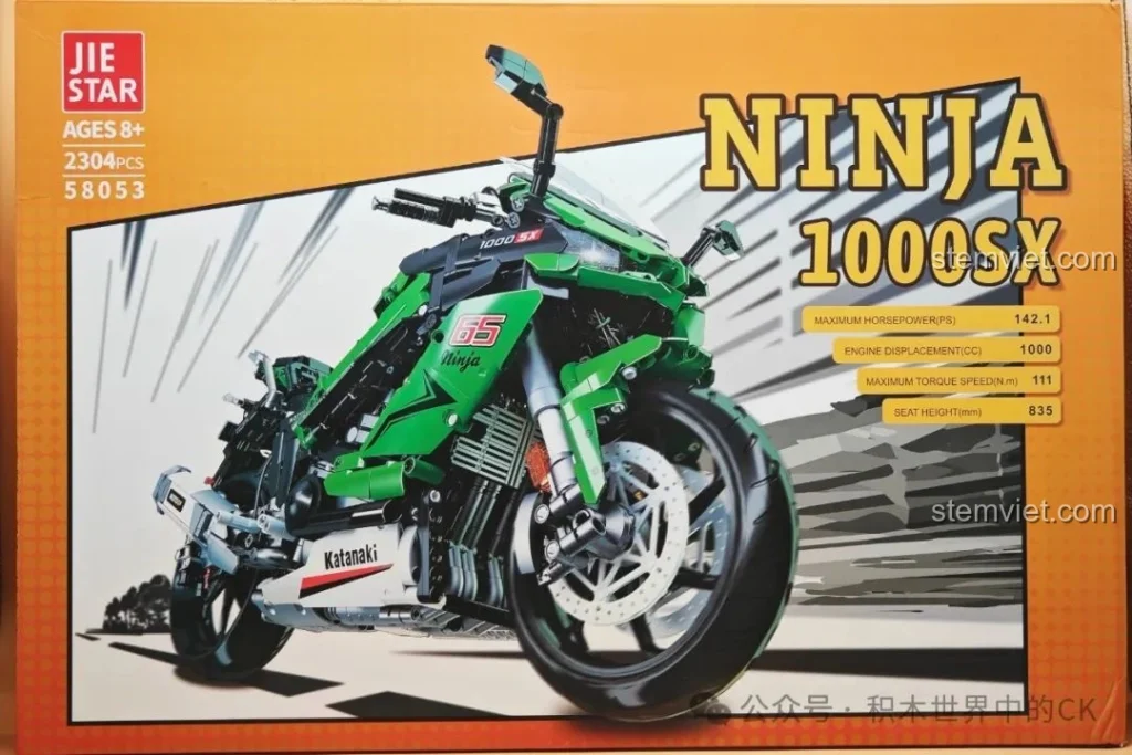 Hộp đồ chơi lắp ráp JIESTAR 58053 Mô tô Kawasaki Ninja 1000SX tỉ lệ 1:5 màu xanh lá nổi bật, thiết kế đẹp mắt.