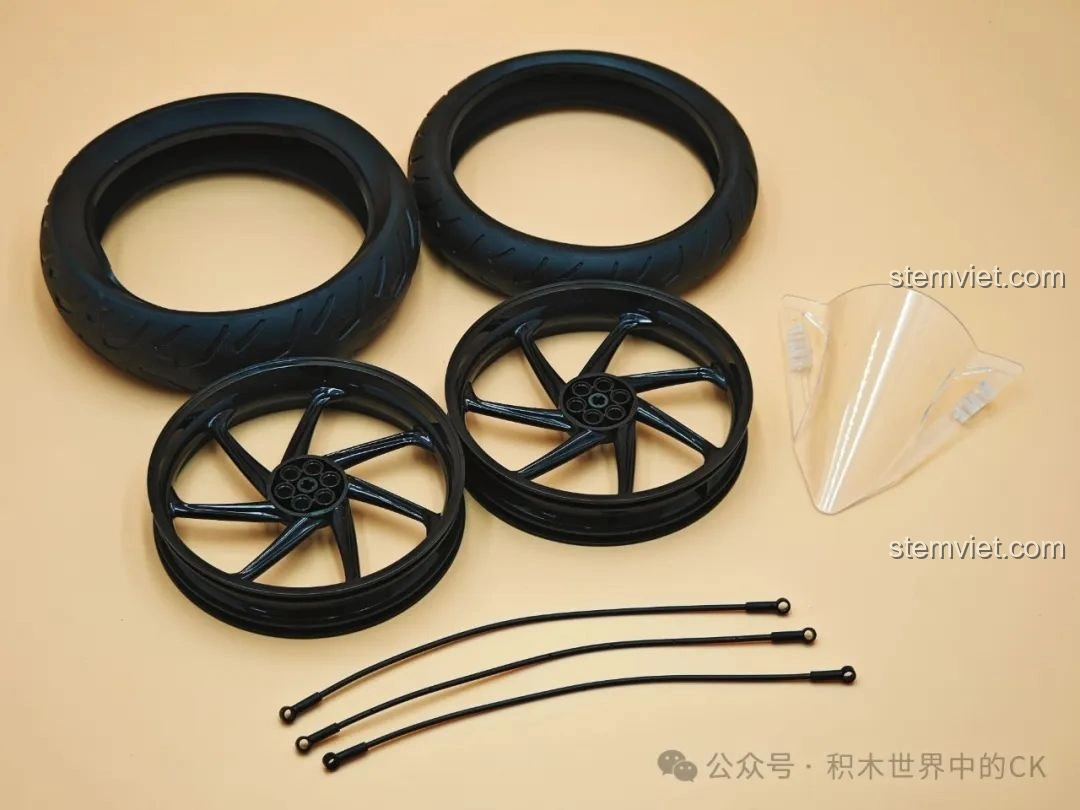 Các chi tiết đặc biệt như lốp xe cao su, vành đúc và kính chắn gió trong bộ lắp ráp JIESTAR 58053.