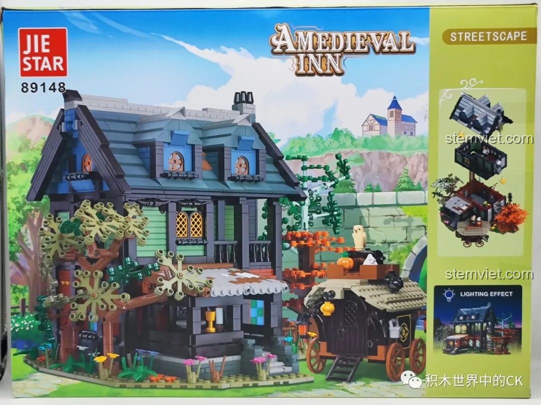 Mặt sau hộp JIESTAR 89148 Tòa nhà Trung Cổ, mô tả các tầng có thể tháo rời và bộ đèn LED đi kèm.