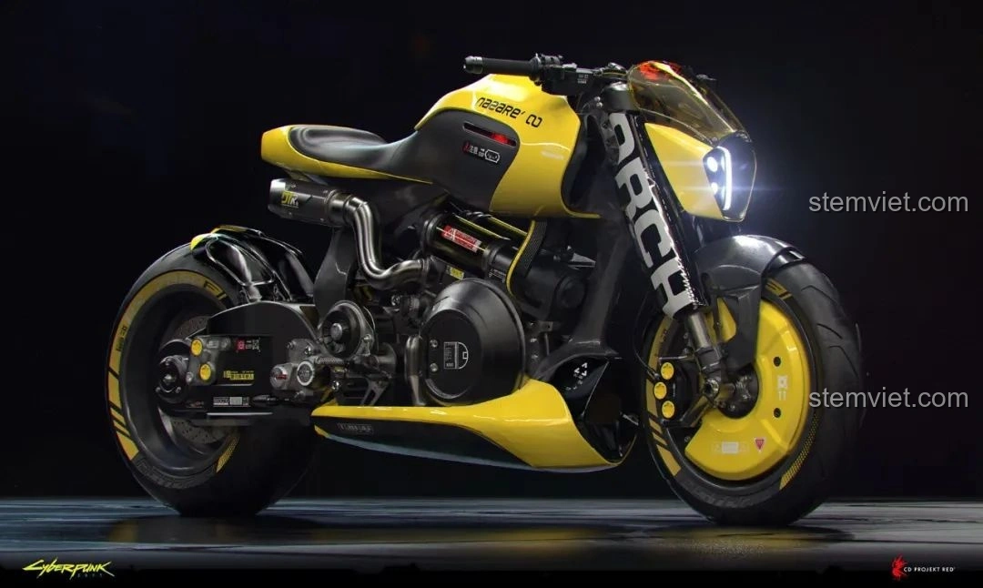 Hình ảnh nguyên mẫu mô tô ARCH Nazare trong game Cyberpunk 2077, thiết kế tương lai ấn tượng.