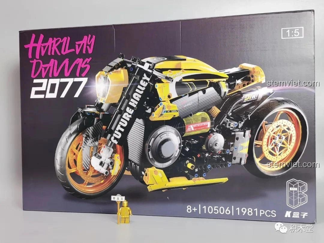 Hộp sản phẩm bộ lắp ráp K Box 10506 Mô tô Cyberpunk 2077 Harilay Davvis, hiển thị số mảnh và tỉ lệ.