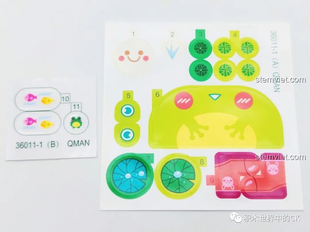 Các miếng dán sticker đi kèm bộ đồ chơi lắp ráp Khung Ảnh Lắp Ráp Nghệ Thuật Sky Story 36011-1 chủ đề Mưa, hình ếch, vịt, mây.