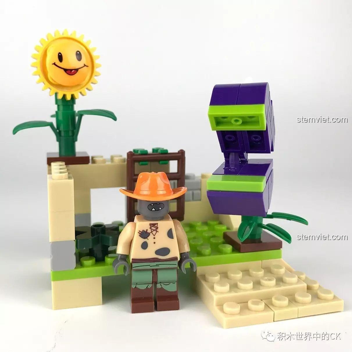 Mô hình hoàn chỉnh của set LELE 39043B Bữa tiệc của Hoa Ăn Thịt với minifigure Zombie Nông Dân.