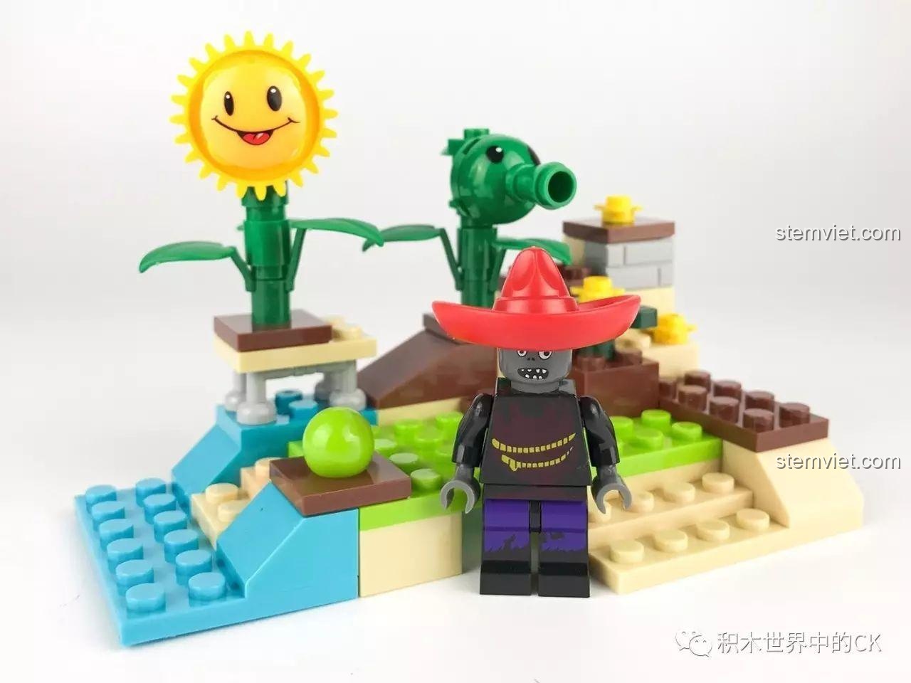 Mô hình hoàn chỉnh của set LELE 39043C Hoa Đậu Bắn Phá với minifigure Zombie Mexico.