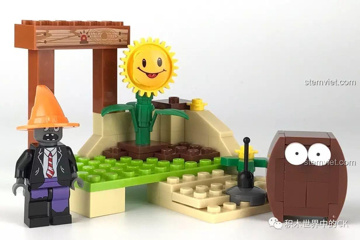 Mô hình hoàn chỉnh của set LELE 39043A Trận chiến phòng thủ của Hạt Dẻ với minifigure zombie và cây.