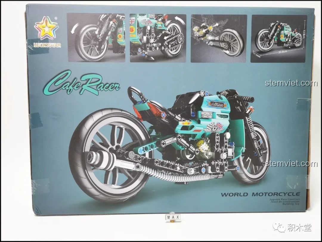 Mặt sau hộp bộ lắp ráp Lucky Star 50025 hiển thị các chi tiết chức năng như hệ thống truyền động và các góc nhìn khác của mô hình.