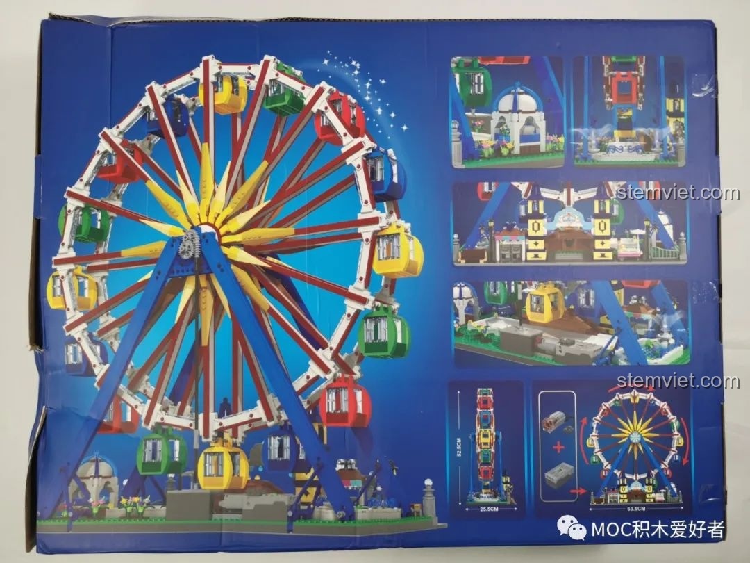 Mặt sau hộp đồ chơi Vòng Quay Khổng Lồ Mould King 11006 hiển thị các chi tiết nhỏ và kích thước mô hình.