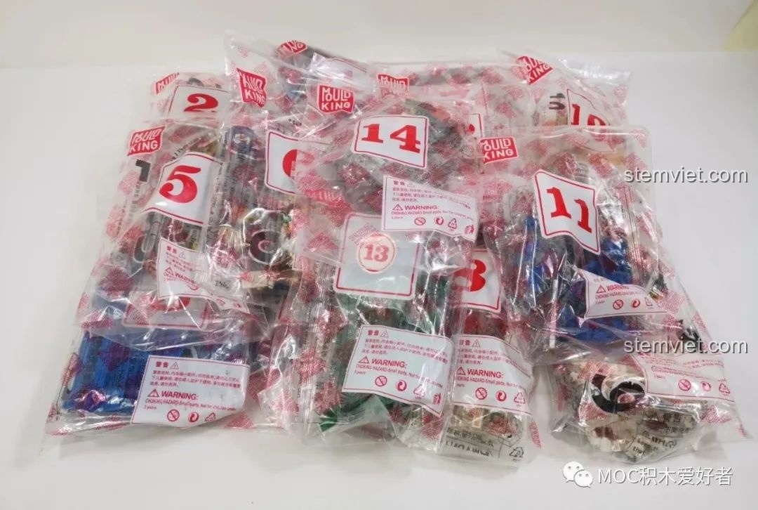 Các túi mảnh ghép được đánh số từ 1 đến 14 của bộ đồ chơi Vòng Quay Khổng Lồ Mould King 11006.