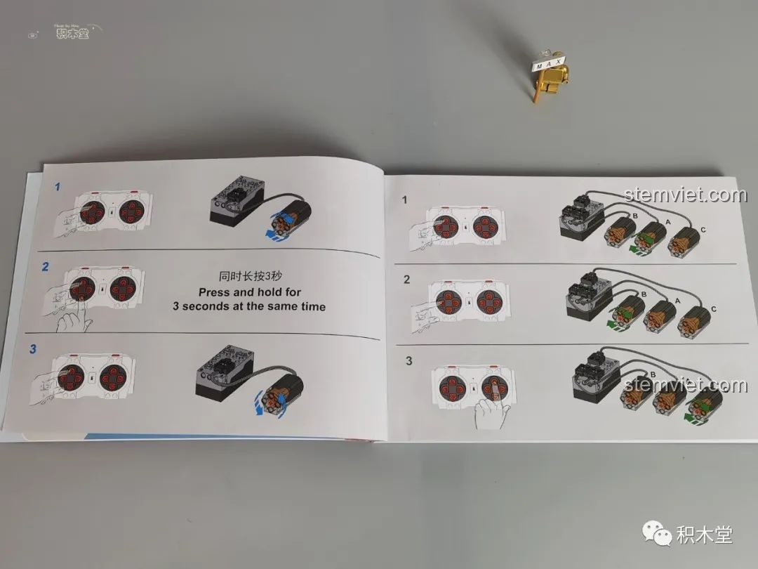 Hướng dẫn sử dụng điều khiển từ xa cho bộ đồ chơi lắp ráp Mould King 13060 Pagani Zonda R, với các bước cài đặt.