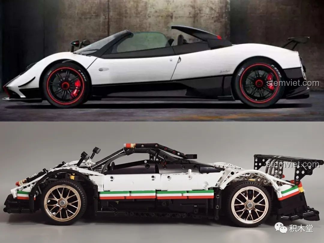 Góc chụp từ phía sau của mô hình Mould King 13060 Pagani Zonda R, nổi bật đuôi xe và cánh gió.