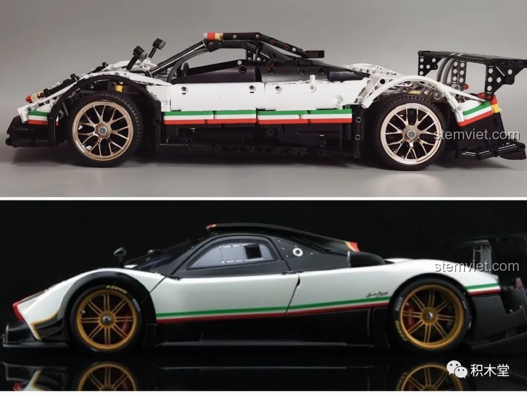 Mô hình đồ chơi lắp ráp Mould King 13060 Pagani Zonda R trên nền đường, tạo cảm giác như xe thật đang di chuyển.