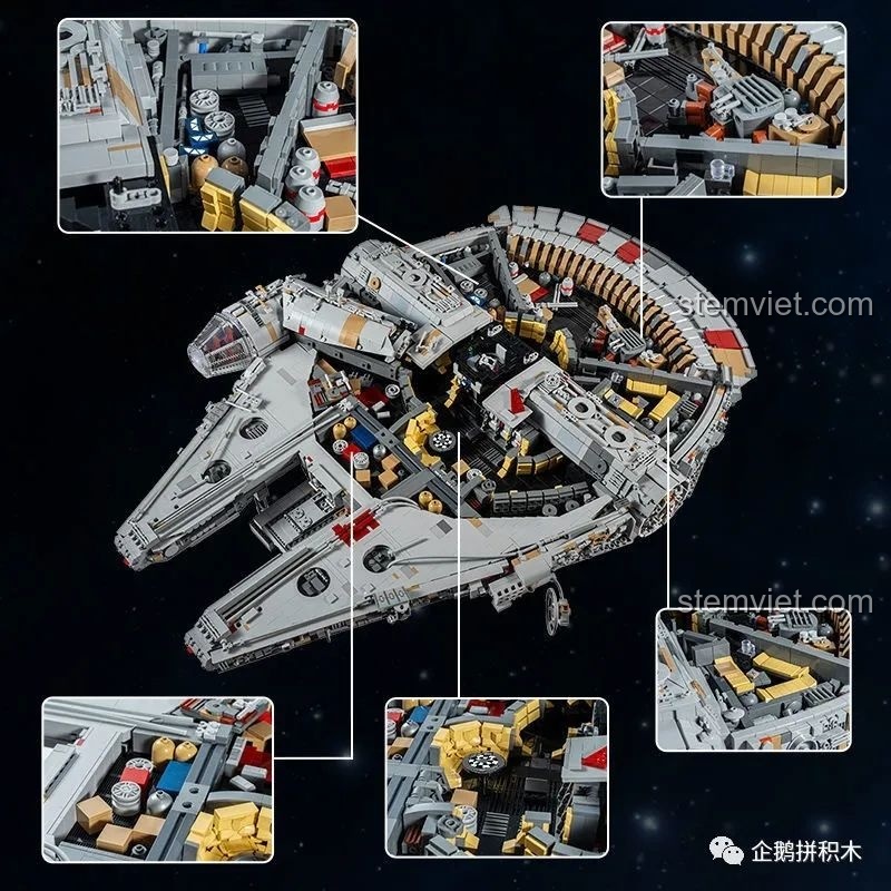 Cận cảnh các chi tiết nội thất phức tạp bên trong Tàu Thiên Niên Kỷ Mould King 21026, thể hiện sự tỉ mỉ của bộ lắp ghép.