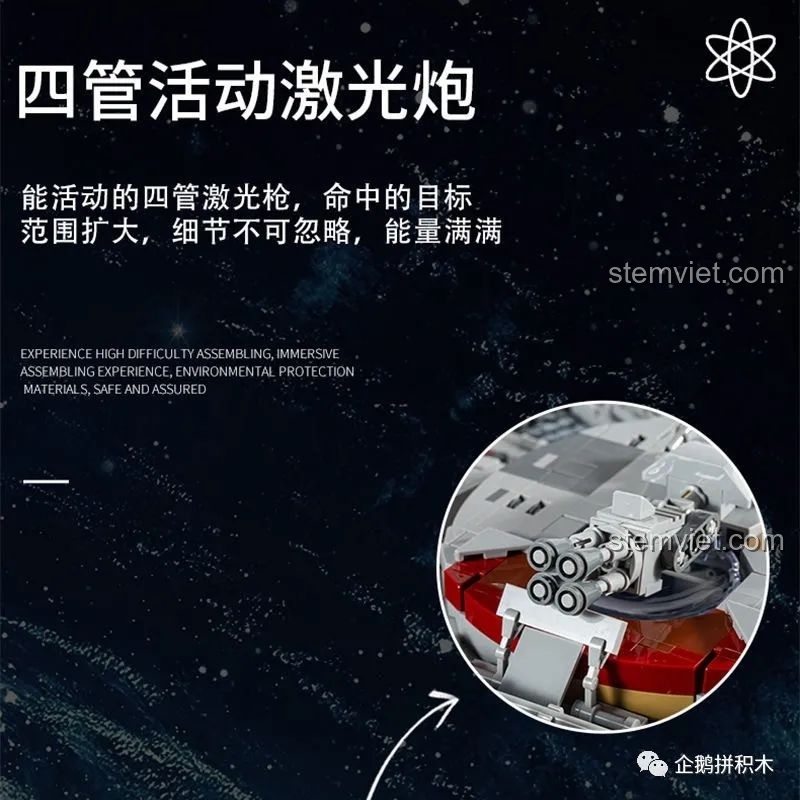 Cận cảnh chi tiết pháo laser bốn nòng có thể xoay trên Tàu Thiên Niên Kỷ Mould King 21026, một điểm nhấn về tính năng của bộ lắp ráp.