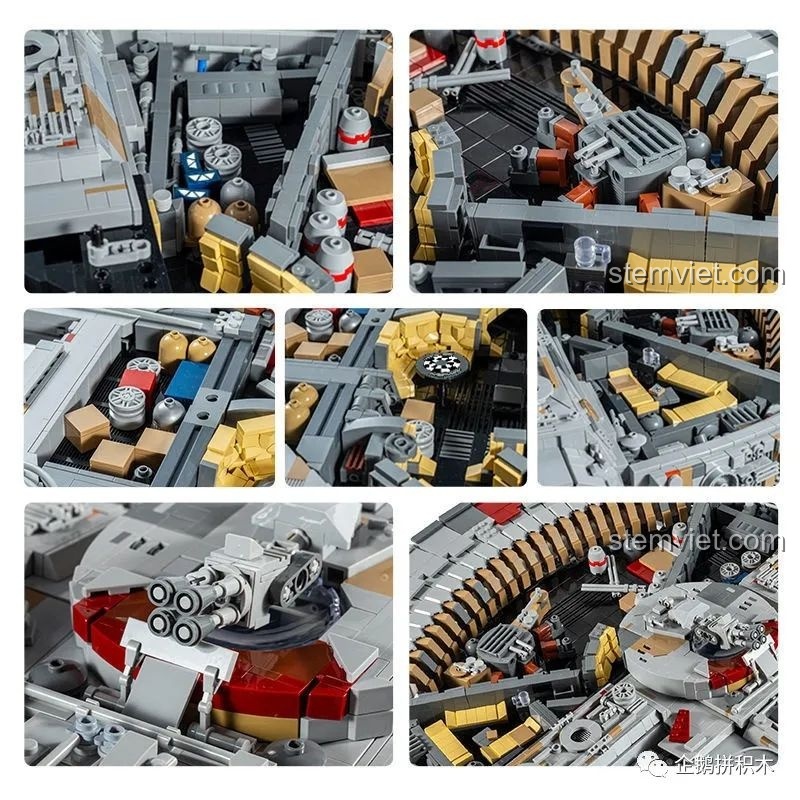 Tổng hợp các chi tiết nội thất và vũ khí của Tàu Thiên Niên Kỷ Mould King 21026, minh họa độ phức tạp và đa dạng của bộ lắp ghép.
