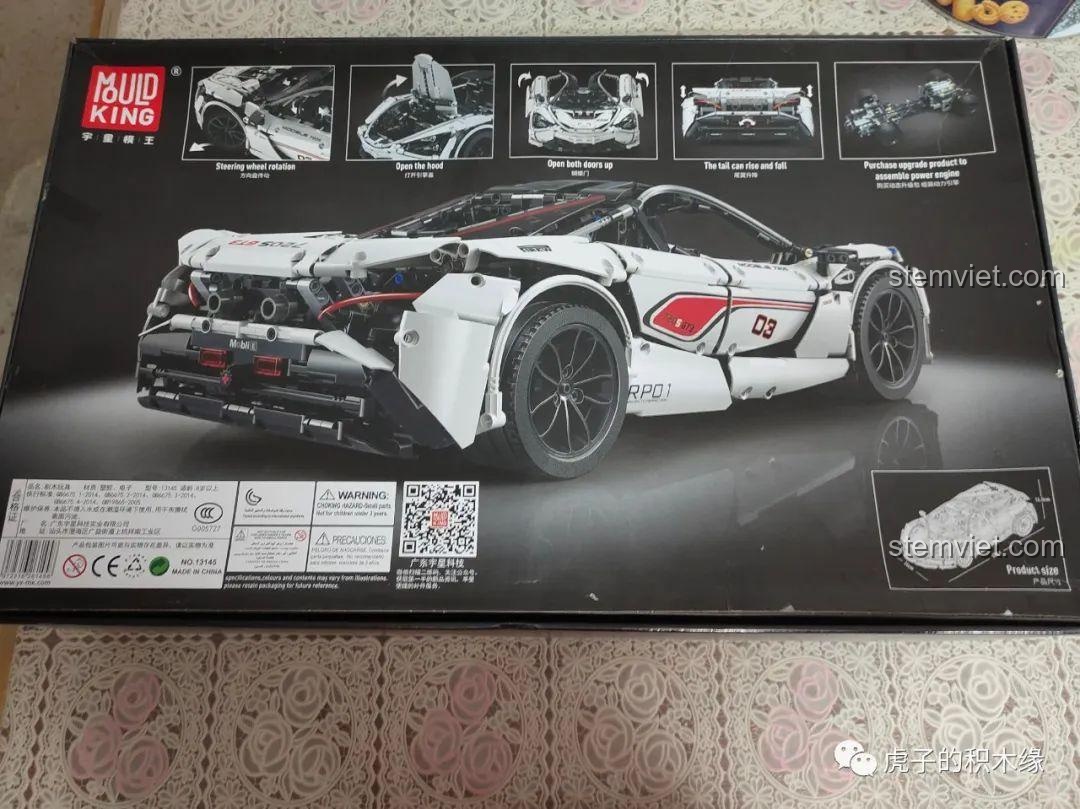 Mặt sau hộp Mould King 13145 McLaren 720S, mô tả các tính năng như lái, mở cửa, nâng cánh gió và khả năng nâng cấp động cơ. Bộ đồ chơi Xe thể thao McLaren 720S Mould King giá bình dân.