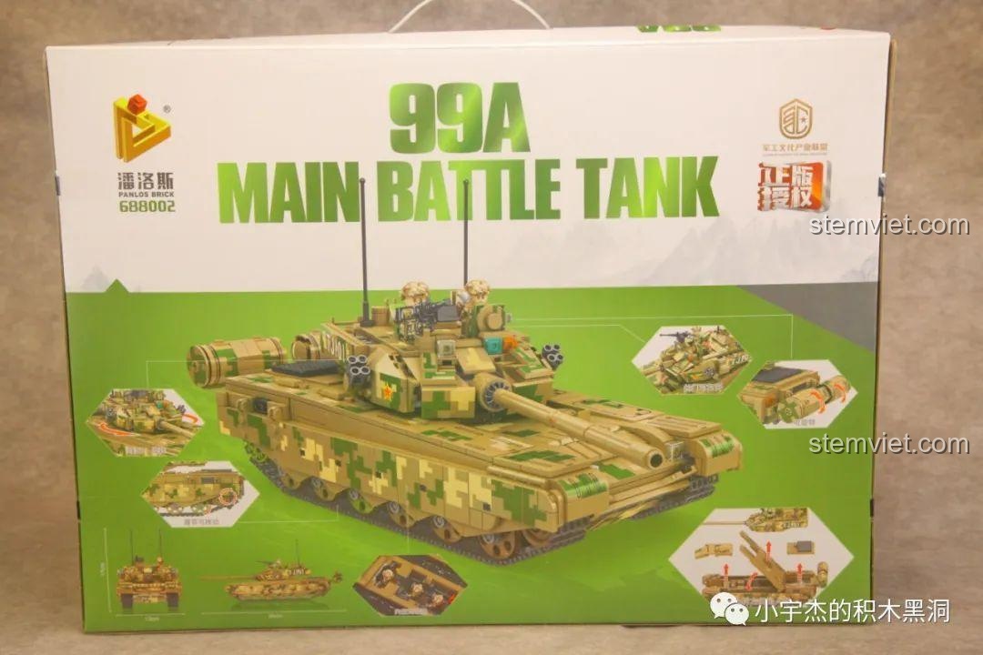 Mặt trước hộp đồ chơi lắp ráp Cỗ máy thép Type 99A 688002, hiển thị hình ảnh xe tăng camo sa mạc hầm hố và logo Panlos Brick.