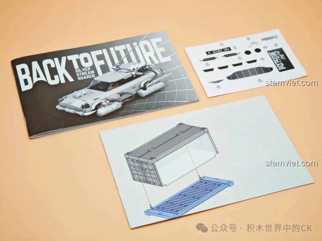 Sách hướng dẫn lắp ráp Pinbo PB8802 Xe DeLorean Bay, decal và hướng dẫn lắp ráp container.