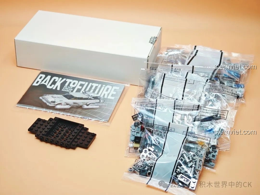 Toàn bộ nội dung bên trong hộp Pinbo PB8802 Xe DeLorean Bay, bao gồm túi mảnh ghép và sách hướng dẫn.