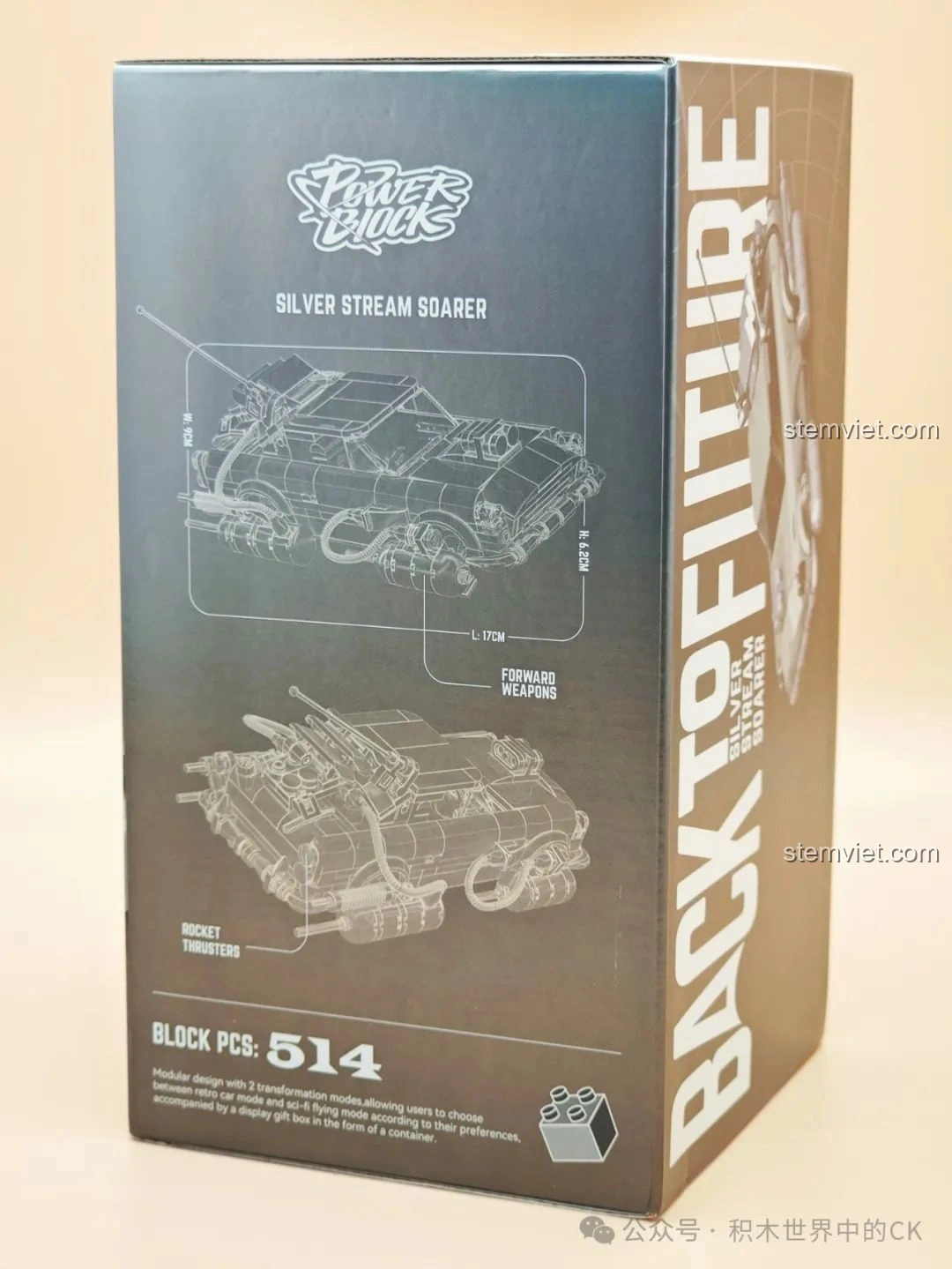 Mặt bên hộp Pinbo PB8802 Xe DeLorean Bay, phác thảo chi tiết các chế độ ô tô và bay của mô hình.