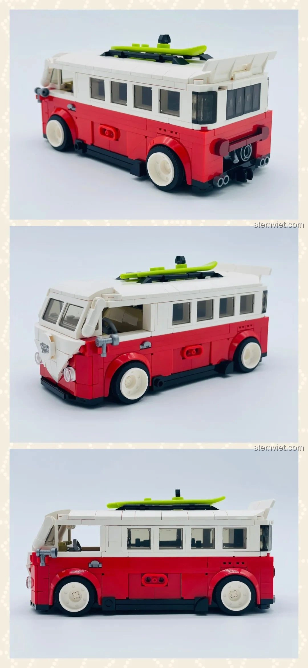 Ba góc nhìn khác nhau của mô hình Pinbo PB8807 Xe Cắm Trại T1 đã hoàn thiện, thể hiện chi tiết thiết kế và màu sắc hài hòa.