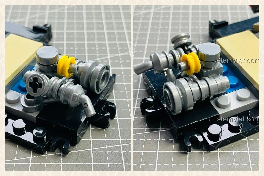 Cận cảnh chi tiết động cơ được lắp ráp từ các mảnh ghép màu xám và vàng, thể hiện sự tinh xảo của bộ Pinbo PB8807 Xe Cắm Trại T1.