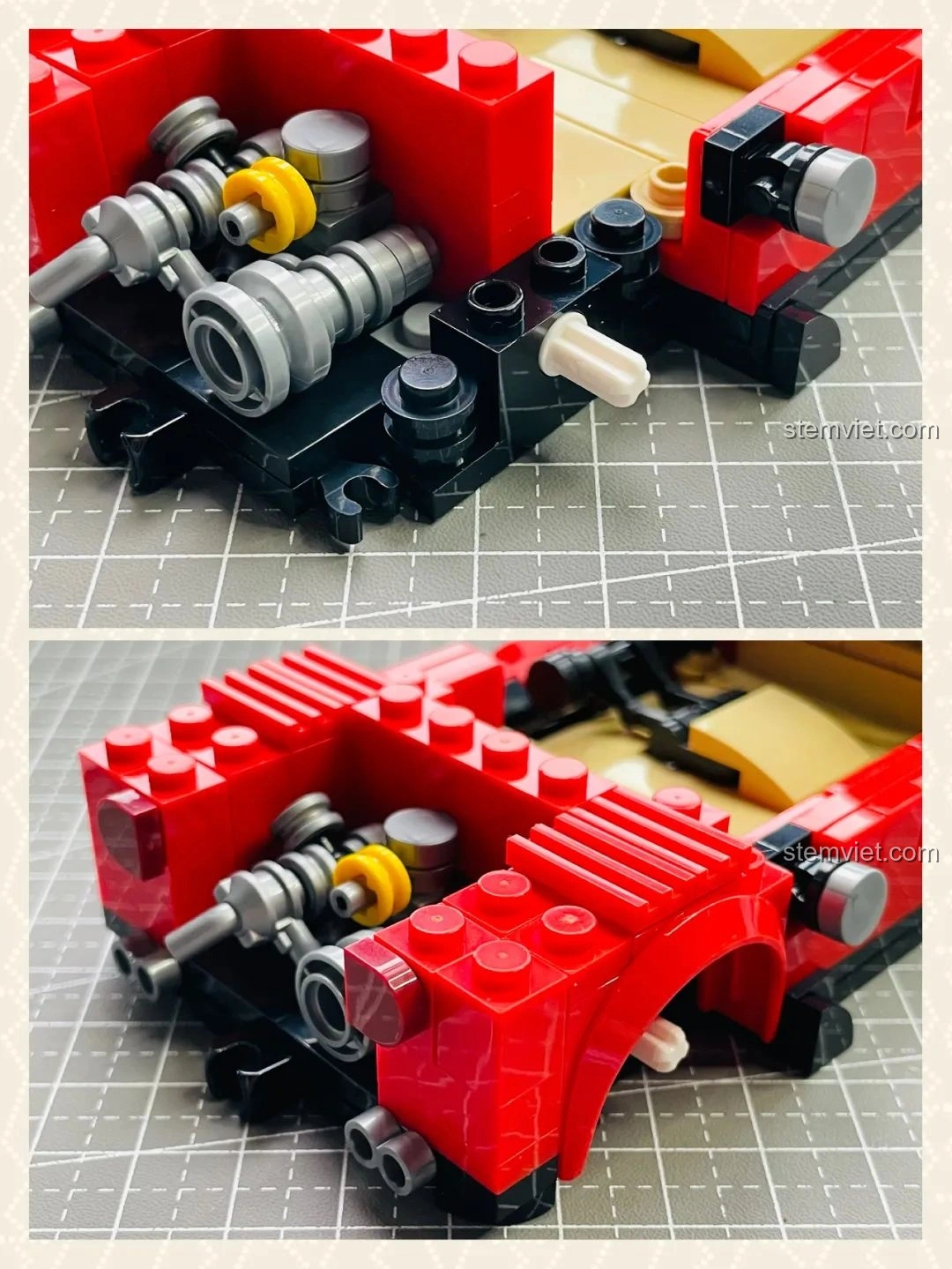 Quá trình lắp ráp các chi tiết bên hông xe của mô hình Pinbo PB8807 Xe Cắm Trại T1, với các mảnh ghép màu đỏ và xám.