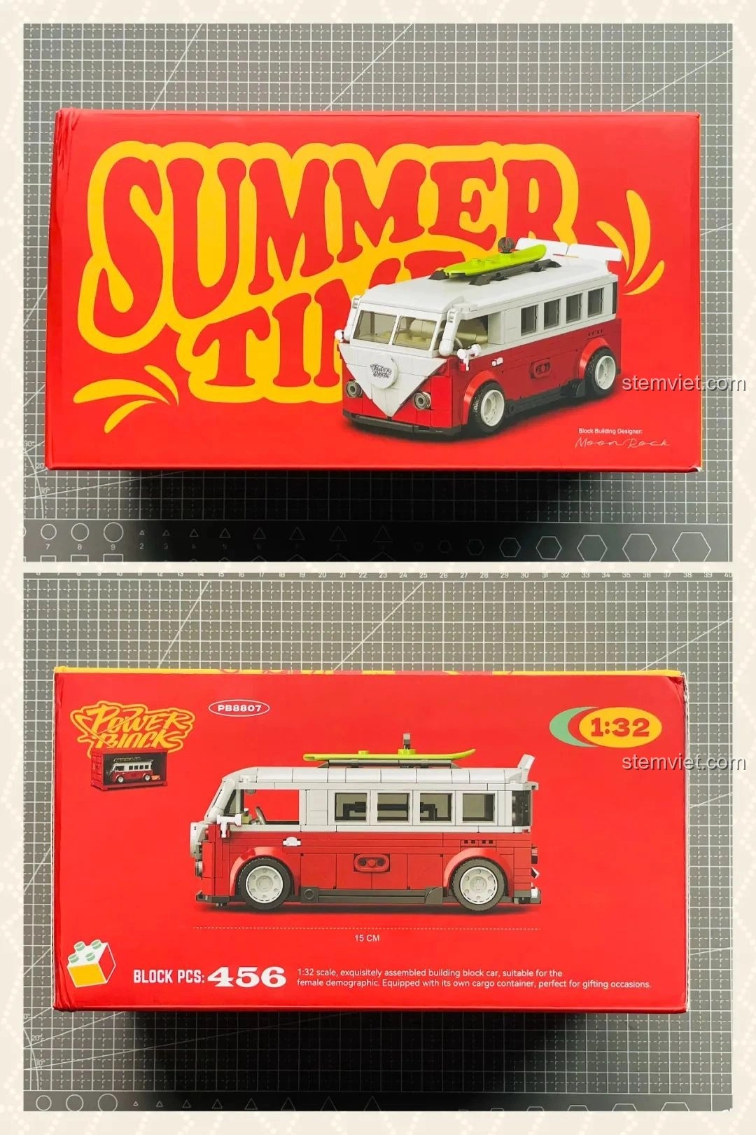 Hộp sản phẩm Pinbo PB8807 Xe Cắm Trại T1 Thời Gian Hè màu đỏ rực rỡ, với hình ảnh mô hình xe buýt cắm trại T1 và thông tin mã số PB8807.