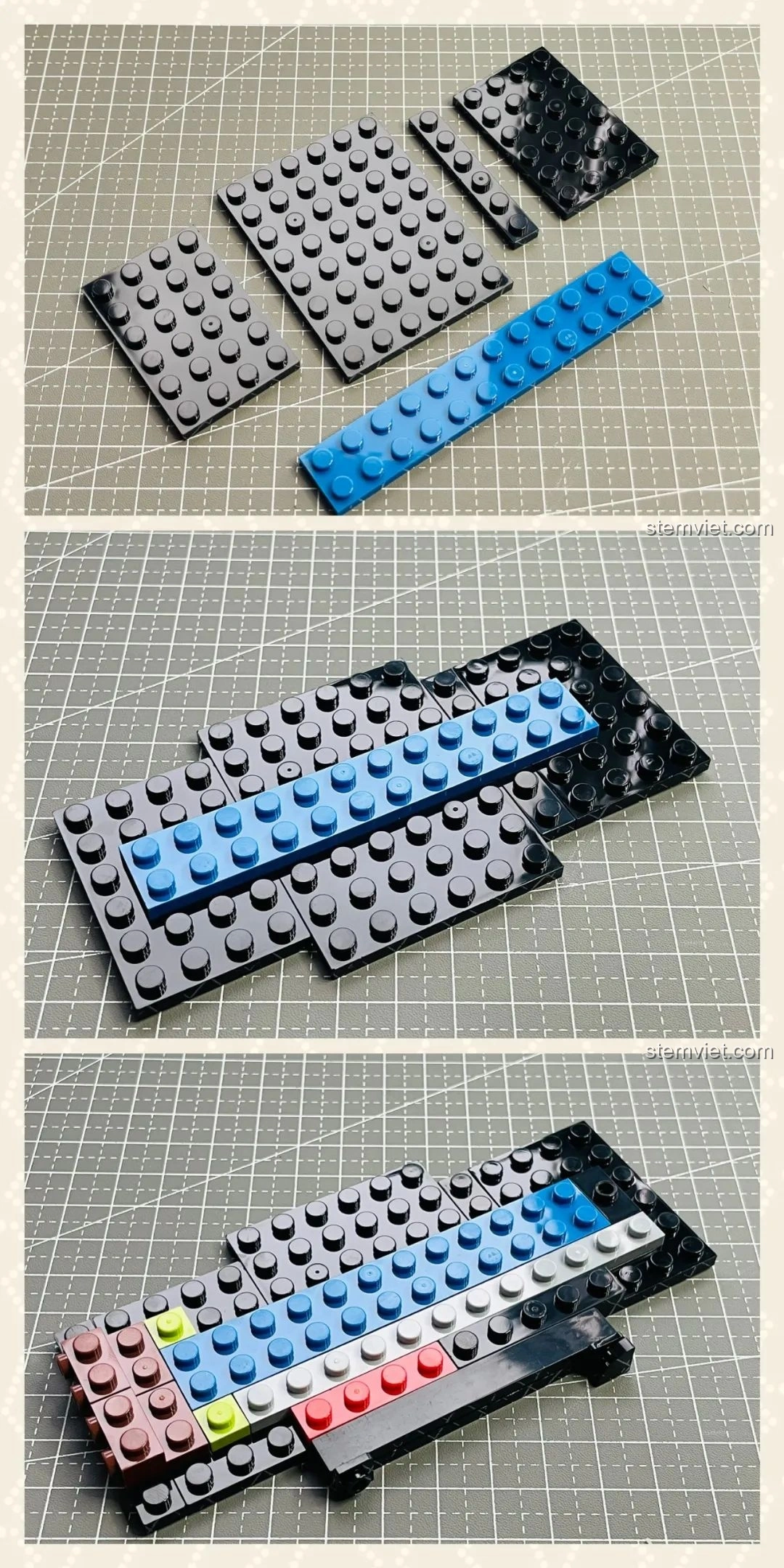 Các mảnh ghép cơ bản màu đen và xanh dương được sắp xếp để bắt đầu lắp ráp phần khung gầm của bộ Pinbo PB8807 Xe Cắm Trại T1.